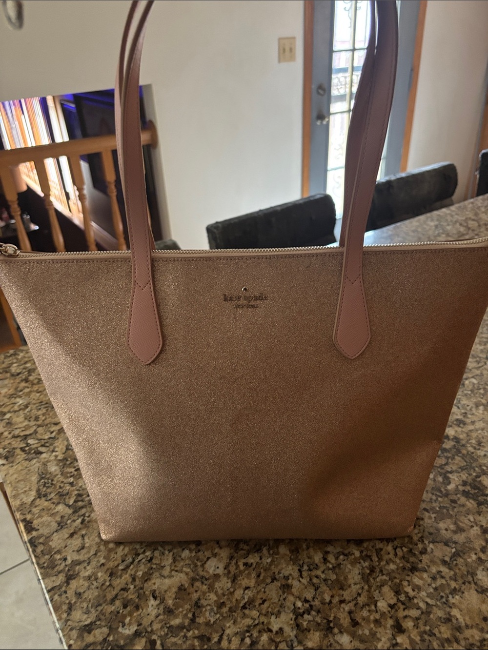 kate spade rose gold shimmer tote with blush straps